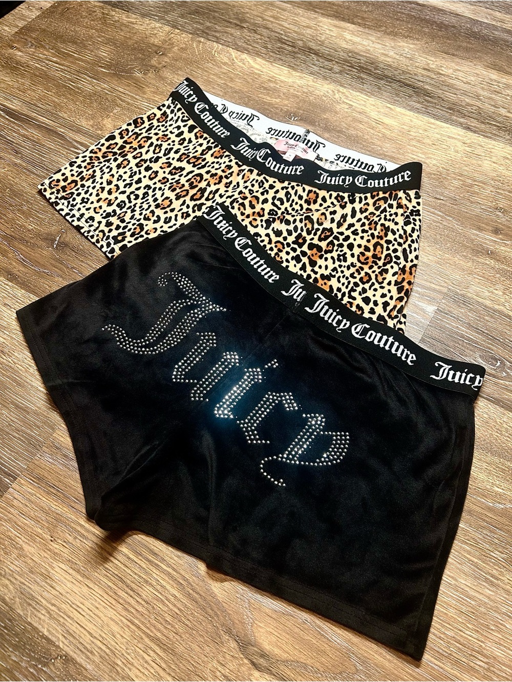 Juicy Couture Leopard Print & Black Logo Rhinestone Shorts Set